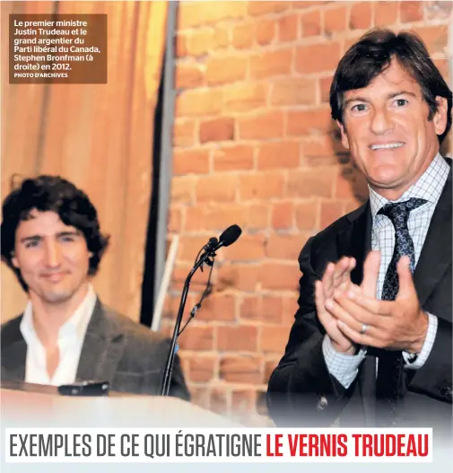  ?? PHOTO D’ARCHIVES ?? Le premier ministre Justin Trudeau et le grand argentier du Parti libéral du Canada, Stephen Bronfman (à droite) en 2012.