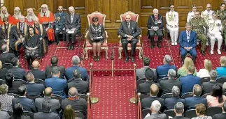  ?? PHOTO: MONIQUE FORD/STUFF ?? Prime Minister Jacinda Ardern and Opposition leader Bill English sit on either side of Governor-General Dame Patsy Reddy as she delivers the speech from the throne signalling the intentions of the new Government.