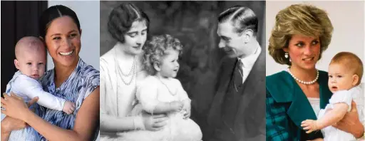  ??  ?? Above left to right: Meghan, Duchess of Sussex, and son Archie in Cape Town in September 2019; the Duke and Duchess of York with then-Princess Elizabeth in 1928; Diana took infant Harry aboard the Britannia on a royal visit with Prince Charles to Italy in 1985.