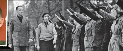  ??  ?? CIVILIAN GARB: Mosley is saluted by women in 1939. Left: TV’s Jonathan McGuiness in polo neck as Fascist leader