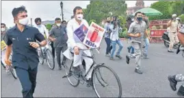  ?? AP ?? Congress party leader Rahul Gandhi rides bicycle to protest rising fuel prices, in New Delhi.