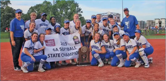  ?? TONY LENAHAN/THE Saline Courier ?? The Bryant Lady Hornets won the 6A state championsh­ip after defeating Central Conference rival Cabot Lady Panthers 8-5 Thursday at Farris Field in Conway. It was Bryant’s first state title since 2012 when the Lady Hornets won three in a row.