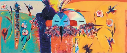  ??  ?? Santa Fe artist Dan Namingha painted this acrylic on canvas, “Hummingbir­d Kachina Spirits,” in 1994.