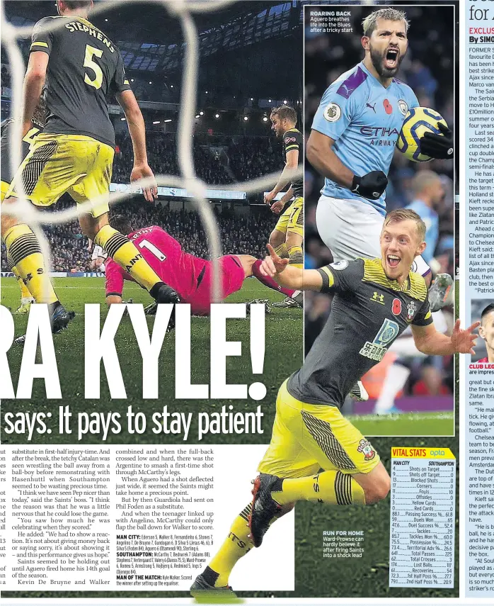  ??  ?? ROARING BACK Aguero breathes life into the Blues after a tricky start
RUN FOR HOME Ward-prowse can hardly believe it after firing Saints into a shock lead
CLUB LEGLEGEND Ajax so are impress impressed by Tadic