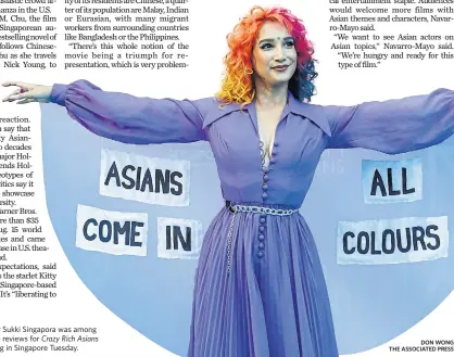  ?? DON WONG THE ASSOCIATED PRESS ?? Burlesque performer Sukki Singapora was among those offering mixed reviews for Crazy Rich Asians at its debut screening in Singapore Tuesday.