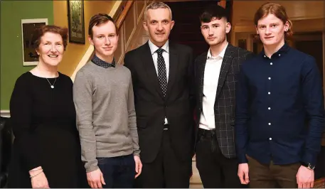  ??  ?? Dr Donal O’Shea (centre) with Teacher Marie Lawlor with Science students Stephen Mc Kenna, Jonathan O’Rourke and Corey Kissane at the St Brendan’s College Science dinner in the Dromhall Hotel, Killarney on Friday.Photo by Michelle Cooper Galvin