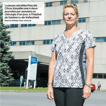  ?? PHOTO PIERRE-PAUL POULIN ?? La jeune retraitée Pascale Clivaz travaille une à deux journées par semaine en chirurgie d’un jour, à l’hôpital de Salaberry-de-valleyfiel­d.