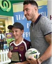  ??  ?? Hagen Byrnes was thrilled to meet his idol, Broncos captain Darius Boyd at Clifford Gardens on Saturday as part of fundraisin­g for the annual Toowoomba Hospital Appeal.