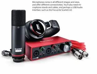  ??  ?? Microphone­s come in all different shapes and sizes, and offer different connectivi­ties. You'll also need microphone stands and cables, and perhaps a USB Audio Interface, such as the Focusrite Scarlett 2i2.