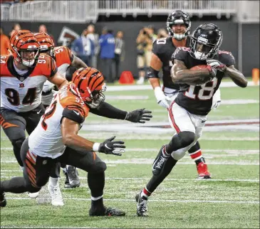  ?? BOB ANDRES / BANDRES@AJC.COM ?? Falcons wide receiver Calvin Ridley had 64 catches on 92 targets, 821 receiving yards, 12.8 yards per catch and a franchise single-season record 10 touchdowns as a rookie.