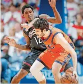  ?? [PHOTO BY BRYAN TERRY, THE OKLAHOMAN] ?? Alex Abrines, front, shown here in a playoff game against the Rockets, is playing for his native Spain at FIBA EuroBasket, but has missed three games with an apparent injury.