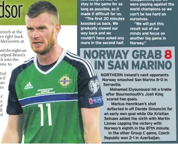 ??  ?? THE BRUNT TRUTH Chris Brunt after the defeat to brilliant world champions NORTHERN Ireland’s next opponents Norway smashed San Marino 8-0 in Serraville.
Mohamed Elyounouss­i hit a treble after Bournemout­h’s Josh King scored two goals.
Markus...