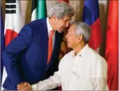  ?? BULLIT MARQUEZ / AP ?? US Secretary of State John Kerry is greeted by his Philippine counterpar­t Perfecto Yasay before their meeting in Pasay City, south of Manila, on Wednesday.