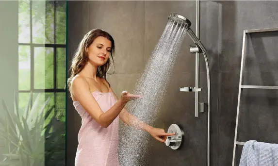  ??  ?? Above: PowderRain is available in the hansgrohe Raindance Select S 120P handheld shower, and across the Raindance range.