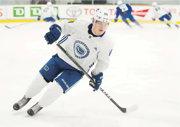  ?? JASON PAYNE/PNG FILES ?? Olli Juolevi, seen here at the Canucks’ camp back in September, is getting plenty of ice time in all situations with the Comets.