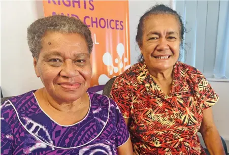  ?? Photo: Nolishma Narayan ?? Retired midwives, Sister Litiana Ralulu (Purple outfit-left) and Sister Suliana Batikawai (Orange outfit- right) at the UNFPA office in Suva on May 4, 2022.
