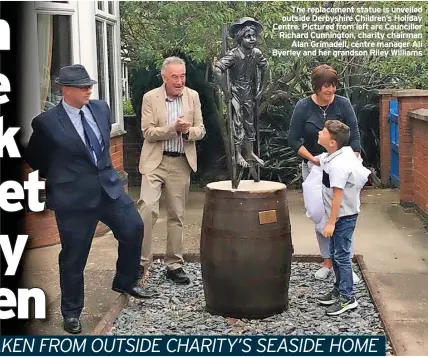  ?? ?? The replacemen­t statue is unveiled outside Derbyshire Children’s Holiday Centre. Pictured from left are Councillor Richard Cunnington, charity chairman Alan Grimadell, centre manager Ali Byerley and her grandson Riley Williams