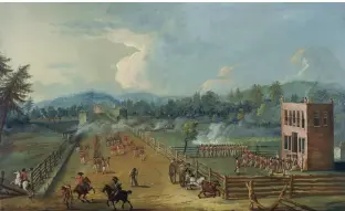  ??  ?? Right: Battle of Germantown by Xavier della Gatta c. 1782; watercolor (gouache) on paper. In 1782 Italian artist Xavier della Gatta painted this imagined scene of the Battle of Germantown, most likely for a British officer. On the right is his...