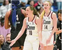  ?? Tyler Sizemore/Hearst Connecticu­t Media ?? UConn guard Nika Muhl (10) reacts to a foul call late in the game against No. 1 South Carolina on Sunday.