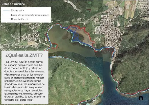  ??  ?? EL SISTEMA de Referencia Oficial de la ZMT establece criterios uniformes para deslindar los bienes en esta zona. Así lo demuestra esta imagen de la bahía de Guánica, que toma en cuenta la marea alta, la línea de vegetación y el impacto de un huracán...