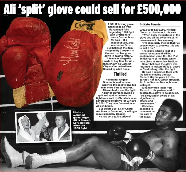  ?? ?? Historic ...signed glove. Right, Ali is floored. Left, boxers after the 1963 fight