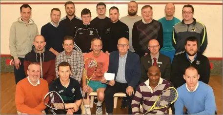  ??  ?? At the presentati­on of prizes of the Gleneagle Squash Club sponsored by Christy Quill, Dingle, were front l-r: Ger Foley, Kevin Smith, Farook Khan and James Devane. Seated, l-r: Andrew Garnett, Eamon Quigley, Gleneagle Aquila Club, Johnny Donovan,...