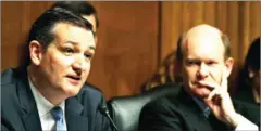  ?? MARK WILSON/GETTY IMAGES/AFP ?? US Senator Ted Cruz (left) speaks while flanked by Senator Chris Coons during a Judiciary Subcommitt­ee hearing on the Affordable Care Act on Capitol Hill in 2015 in Washington, DC.