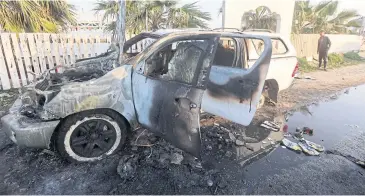  ?? REUTERS ?? A person inspects a vehicle carrying World Central Kitchen aid workers that was destroyed by an Israeli strike on Monday.