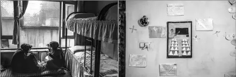  ??  ?? (Left) Sewing in a bedroom at the shelter. • (Right) A mural is seen at the end of a life-skills class for Afghan women at the shelter.