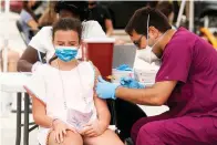  ?? The Associated Press ?? Francesca Anacleto, 12, receives her first Pfizer COVID-19 vaccine shot from nurse Jorge Tase on Aug. 4 in Miami Beach, Fla. In most states, minors need the consent of their parents in order to be vaccinated against COVID-19. Navigating family politics in cases of differing views has been a challenge for students and organizers of outreach campaigns, who have faced blowback for directly targeting young people.