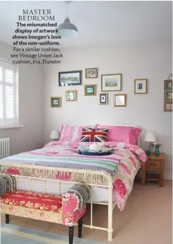  ??  ?? MASTER BEDROOM
The mismatched display of artwork shows Imogen’s love of the non-uniform. For a similar cushion, see Vintage Union Jack cushion, £14, Dunelm