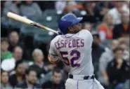  ?? MARCIO JOSE SANCHEZ — THE ASSOCIATED PRESS ?? New York Mets’ Yoenis Cespedes follows through on a two-run home run against the San Francisco Giants during the second inning of a baseball game Friday in San Francisco.