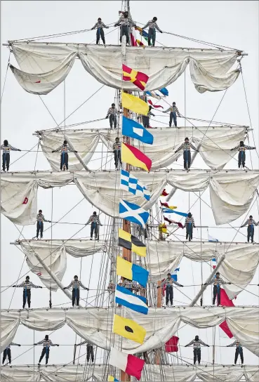  ?? SEAN D. ELLIOT/THE DAY ?? Cadets line the yards as the Mexican tall ship ARM Cuauhtémoc, tall ship of the Mexican navy, arrives in New London for a five-day port call Monday. A 270-foot barque built in 1982, the Cuauhtémoc serves as a training ship for the Mexican navy.