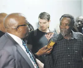  ??  ?? EYEWITNESS. Former John Vorster Square police officer Mohanoe Makhetha, right, gives Judge Motsamai Abraham Makume his testimony yesterday on the 10th floor of the police station where Neil Aggett and other detainees were held.