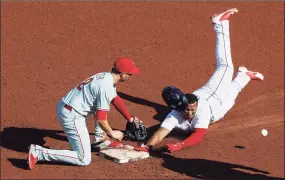  ?? Winslow Townson / Associated Press ?? The Boston Red Sox’s Rafael Devers slides safely into second base with an RBI double as the throw gets away from the Philadelph­ia Phillies’ Neil Walker during the seventh inning on Wednesday in Boston.