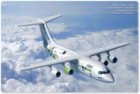 ??  ?? Cette image, créée par ordinateur, montre le projet d’avion E-Fan X, d’Airbus.