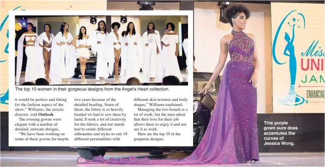  ??  ?? The top 10 women in their gorgeous designs from the Angel's Heart collection. This purple gown sure does accentutes the curves of Jessica Wong.