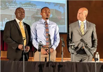  ?? Hannah Grabenstei­n/Associated Press ?? ■ Roderick Talley, center, accompanie­d by his lawyers, speaks at a news conference Monday in Little Rock. Talley said the explosion of his apartment door during a drug raid conducted by the Little Rock Police Department left him fearing for his life. Talley and his lawyers allege police lied to obtain a so-called “no-knock” warrant that violated Talley’s Fourth Amendment rights.