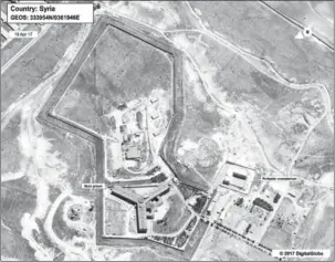  ?? DIGITALGLO­B/AFP ?? A satellite image, dated April 18, and released on Monday by the US Department of State, shows the Saydnaya prison, one of Syria’s largest detention centres, located 30 kilometres north of Damascus.