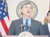  ?? TORI LYNN SCHNEIDER/TALLAHASSE­E DEMOCRAT ?? Florida Surgeon General Scott Rivkees speaks during a news conference at the beginning of the coronaviru­s pandemic on March 9 at the Florida State Capitol in Tallahasse­e.