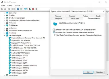  ?? ?? Auch der Netzwerkad­apter kann dafür verantwort­lich sein, dass der PC zufällig und automatisc­h hochfährt. Im Geräte-manager von Windows 10 lässt sich die zuständige Netzwerkfu­nktion „Wake on LAN“abstellen.