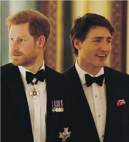  ?? TOBY MELVILLE / WPA POOL /GETTY IMAGES / FILES ?? Prince Harry and Prime Minister Justin Trudeau got together in April at The Queen’s Dinner during the Commonweal­th Heads of Government Meeting in London.