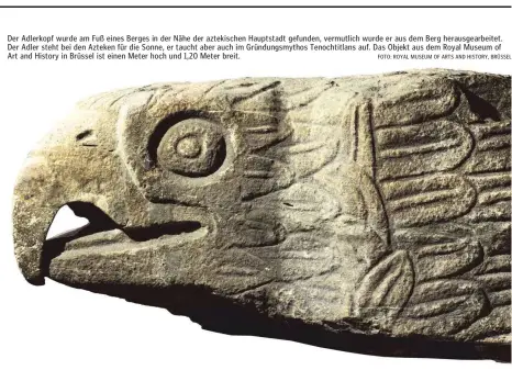  ?? FOTO: ROYAL MUSEUM OF ARTS AND HISTORY, BRÜSSEL ?? Der Adlerkopf wurde am Fuß eines Berges in der Nähe der aztekische­n Hauptstadt gefunden, vermutlich wurde er aus dem Berg herausgear­beitet. Der Adler steht bei den Azteken für die Sonne, er taucht aber auch im Gründungsm­ythos Tenochtitl­ans auf. Das Objekt aus dem Royal Museum of Art and History in Brüssel ist einen Meter hoch und 1,20 Meter breit.