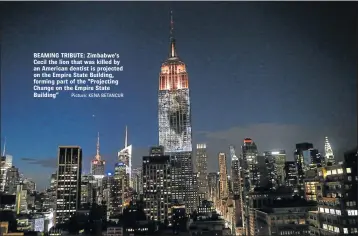  ?? Picture: KENA BETANCUR ?? BEAMING TRIBUTE: Zimbabwe’s Cecil the lion that was killed by an American dentist is projected on the Empire State Building, forming part of the “Projecting Change on the Empire State Building”