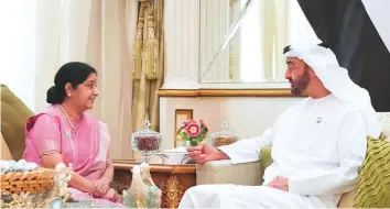 ??  ?? WAM His Highness Shaikh Mohammad Bin Zayed Al Nahyan, Abu Dhabi Crown Prince and Deputy Supreme Commander of the UAE Armed Forces, during a meeting with Sushma Swaraj.