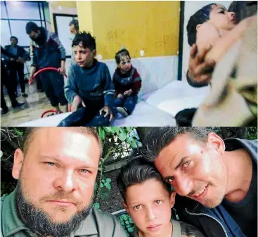  ?? PHOTO: INSTAGRAM ?? Hassan Diab, 11, says he was bribed with food to play the part of a gas attack survivor in Douma. He is pictured above at the clinic where victims were filmed, and below with his father, right.