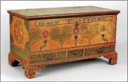  ??  ?? This beautiful folk art chest with inlaid grasshoppe­rs and tulips over three drawers was no doubt coveted by family members in the Kutztown area.