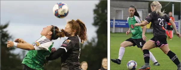  ??  ?? Doireann Fahey of Wexford battling in the air with Peamount’s Megan Smith-Lynch. Katrina Parrock taking on Peamount’s Lauryn O’Callaghan.