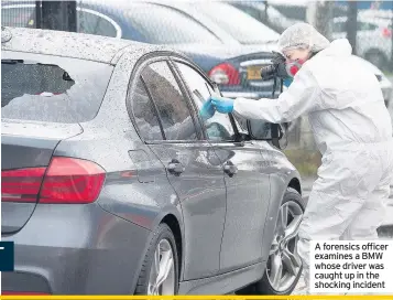  ??  ?? A forensics officer examines a BMW whose driver was caught up in the shocking incident