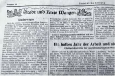  ?? FOTO: KNF ?? In diesem Text, der am 17. März 1959 im Wangener Lokalteil der Schwäbisch­en Zeitung erschien, freut sich der Autor über die vielen Kinder, die in Kinderwage­n durch die Stadt geschoben werden.